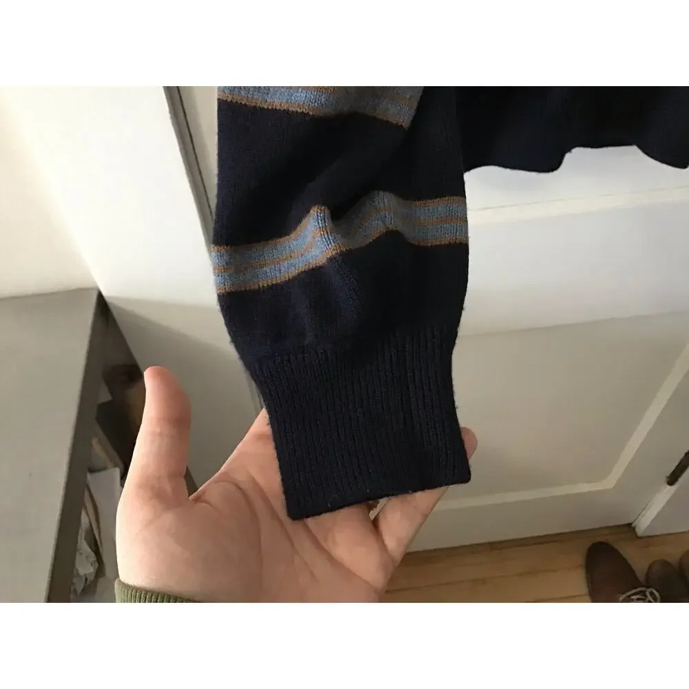 346 Brooks Brothers Navy Striped Extra Fine Italian Merino Wool 1/4 Zip Sweater